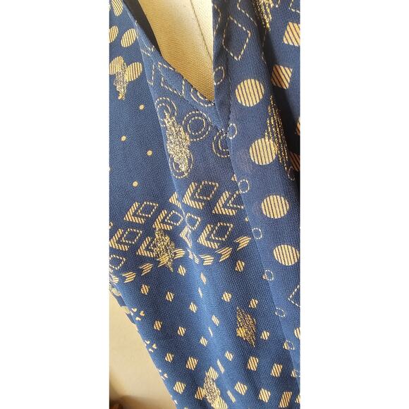 Three Pears Geometric Long Sleeve Smocked Drop Waist Mini‎ Dress Blue Womens M - Picture 2 of 8